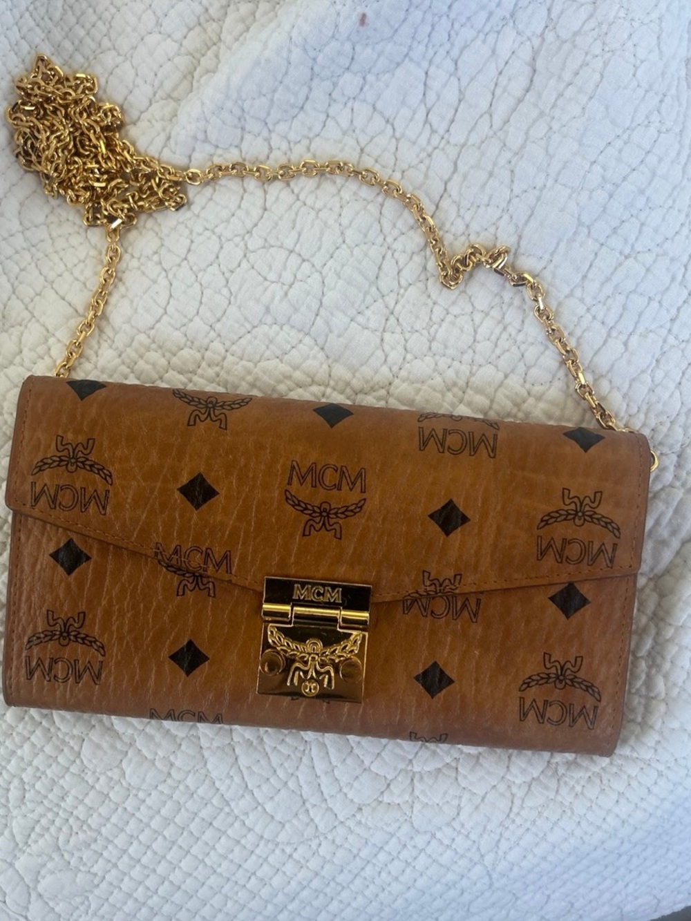 MCM Cognac Visetos Logo Chain Crossbody Bag